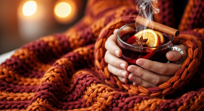 Warm beverage held in hands, surrounded by cozy knitted blanket, with aromatic spices and citrus, evoking a comforting atmosphere for relaxation and enjoyment during chilly seasons