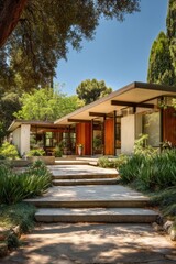 In a tranquil residential environment, modern architecture harmoniously integrates with nature, showcasing lush greenery and thoughtfully designed landscaping elements