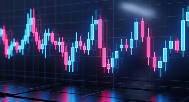 Colorful financial chart with candlestick patterns displaying market trends, showcasing vibrant blue and pink colors against a dark background, representing data analysis and investment strategies
