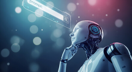 Futuristic ai robot ponders a prompt in a search bar interface showcasing artificial intelligence machine learning and the future of technology with a sleek modern design and glowing accents