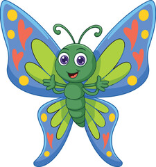PrintColorful cartoon butterfly character with bright patterned wings, friendly smile, vibrant design, adorable insect illustration perfect for children’s books, educational materials, playful artwork