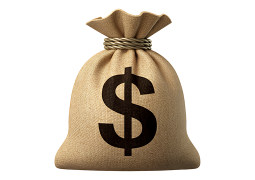 Money bag with dollar sign, burlap sack filled with cash, symbol of wealth and financial prosperity isolated on transparent background
