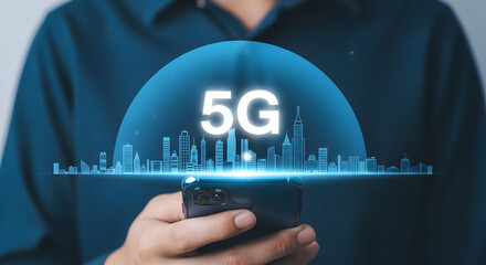 Person using a smartphone with a 5G network illustration overlayed on a cityscape background showcasing advanced mobile technology and connectivity for modern communication and digital infrastructure