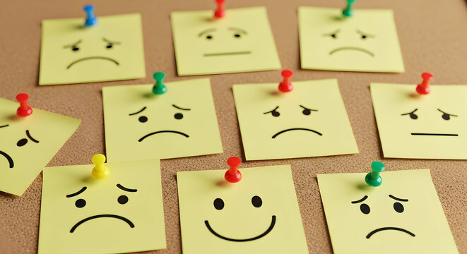 Variety of yellow sticky notes displaying different emotions pinned to a corkboard showcasing feelings like happiness sadness and neutrality ideal for mood tracking and emotional awareness