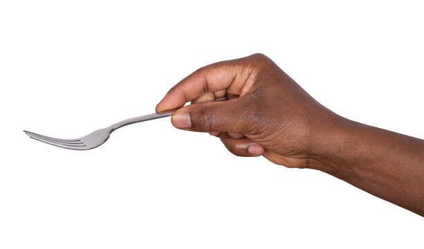 Hand holding a satainless steel fork isolated on white or transparent background	