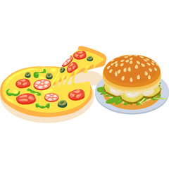 Isometric pizza with melted cheese and a hamburger with lettuce and pickles on a white circular plate and transparent background