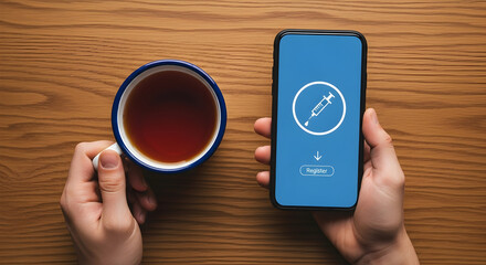 Person registers for vaccination on smartphone with tea cup on wooden table promoting health awareness and digital healthcare solutions for easy access to medical services and information online
