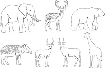 A captivating collection of animal silhouettes, showcasing the majestic elephant, graceful deer, powerful bear, exotic tapir, and towering giraffe isolated on