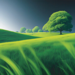 Vibrant, lush green rolling hills under a deep blue gradient sky, featuring a prominent, richly foliated tree on the right and a sense of dynamic, windswept grass in the foreground