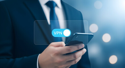Businessman activates vpn on smartphone for secure connection and data privacy showcasing technology and cybersecurity solutions for mobile devices with a focus on online safety and protection