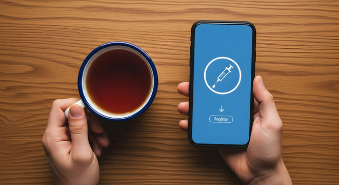 Person registers for vaccination on smartphone with tea cup on wooden table promoting health awareness and digital healthcare solutions for easy access to medical services and information online