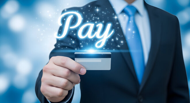 Businessman in suit holding credit card with glowing "pay" text overlay representing digital payments and financial transactions in a modern and secure online banking environment for ecommerce
