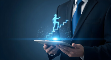 Businessman in a suit holds a tablet displaying a digital figure climbing stairs symbolizing career growth business success and achievement in a modern technologydriven environment