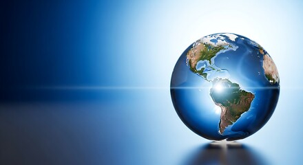 Blue glass 3D globe illustration of the Earth planet showing continents like America and Asia over a black and blue background