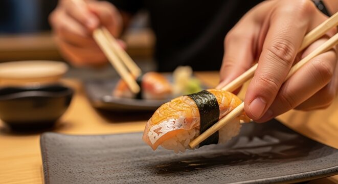 Person picking up salmon nigiri sushi with chopsticks at restaurant table close up
