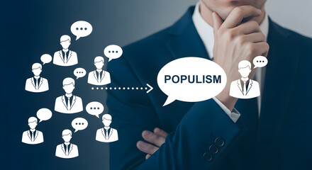 Populism concept illustration showing a businessman in a suit with a speech bubble and icons representing people and communication conveying ideas of leadership and public opinion on a blue background