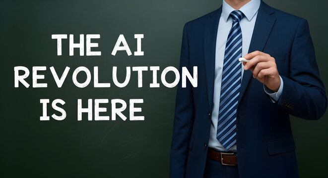 Businessman in a suit holding chalk next to a chalkboard with the text "The AI Revolution is Here" emphasizing artificial intelligence and its impact on business and technology in the modern era