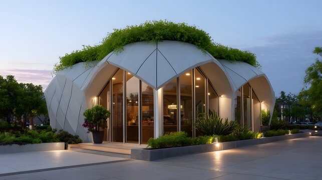 Unique architectural  a futuristic petal shaped building with a vibrant green roof and illuminated glass facade at twilight