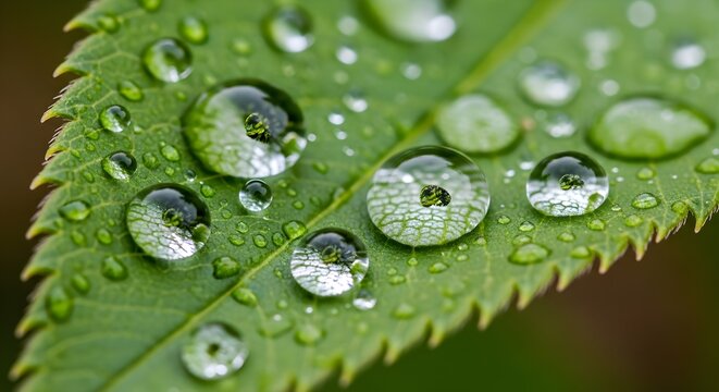 Close up of water droplets on a green leaf showing reflection macro details - Powered by Adobe