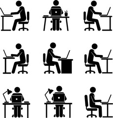 A collection of stick figures working at desks with laptops, isolated on, representing office work, remote work, and computer usage