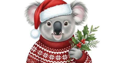 Cute koala bear wearing a festive red santa hat and a cozy christmas sweater with a snowflake pattern, holding a sprig of holly with red berries, isolated on transparent background
