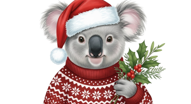 Cute koala bear wearing a festive red santa hat and a cozy christmas sweater with a snowflake pattern, holding a sprig of holly with red berries, isolated on transparent background