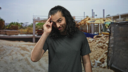 Fototapeta premium Man touching temple with fingers at a building construction site with excavator behind him; confidence curiosity resilience.