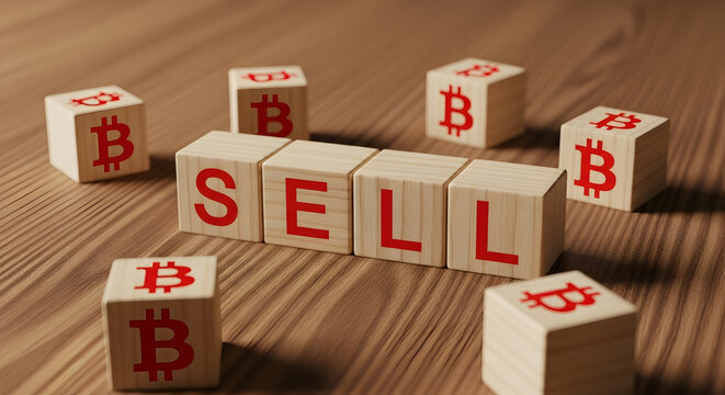 Wooden blocks spell "Sell" surrounded by Bitcoin symbols indicating a potential market downturn and investment strategy on a wooden surface suggesting financial decisions and trading