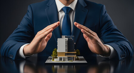 Businessman in a suit protects a modern building model with his hands symbolizing real estate investment property insurance and financial security for future home ownership and business ventures