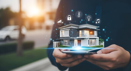 Smart home automation concept showcasing a modern house model with integrated technology icons displayed on a smartphone held by a person representing innovation and convenience in living