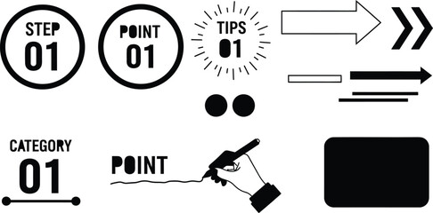 Set of black and white numbered steps points and arrow icons