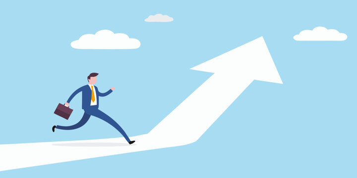 Businessman running up a white arrow representing growth and success