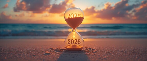 Countdown to 2026 New Year celebration with hourglass on beach at sunset featuring sand time passing from year 2025 to 2026 against beautiful ocean horizon