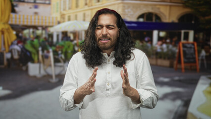 Man with long hair gesturing with his hands on a street restaurant terrace; quiet deep...