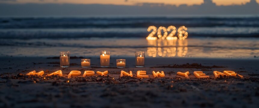 Happy New Year 2026 celebration with candles on beach at twilight creating warm glowing effect on sand near ocean featuring lighted numbers representing new year