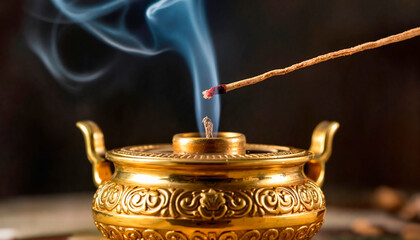 Golden incense burner with a thin trail of incense smoke in the air