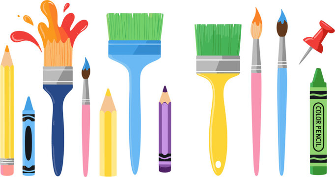 Colorful array of art supplies featuring paintbrushes, pencils, and crayons, perfect for creative projects and educational resources isolated on