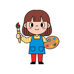 Cartoon girl artist holding a paintbrush and palette with paints, wearing a blue apron.