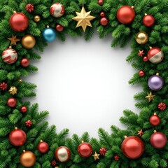 Festive Christmas wreath, red ornaments & gold stars around empty space.
