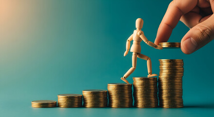 Wooden figure climbs steps of gold coins representing financial growth and investment success with a hand adding more coins to the tallest stack on a teal background symbolizing wealth accumulation