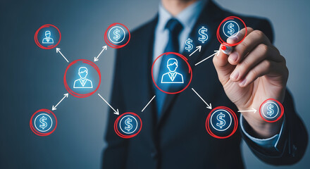Businessman drawing a network diagram with connections to people and money symbols illustrating business strategy financial growth and customer relationship management on a transparent board