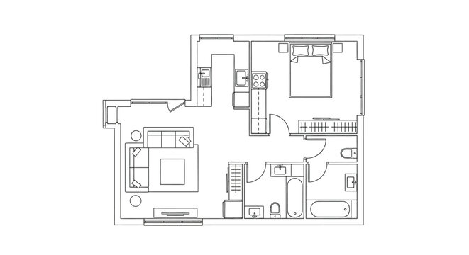 Detailed architectural plan of a modern apartment layout with rooms and fixtures