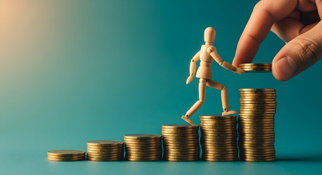 Wooden figure climbs steps of gold coins representing financial growth and investment success with a hand adding more coins to the tallest stack on a teal background symbolizing wealth accumulation - Powered by Adobe