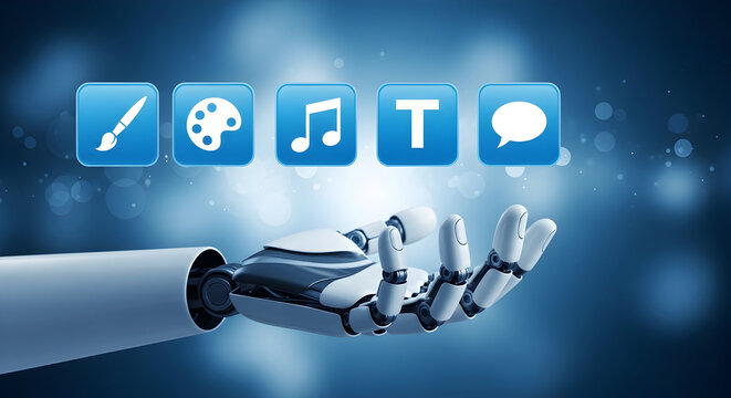 Robotic hand presents creative app icons including art music text and speech on a blue gradient background showcasing technology and innovation for digital platforms and creative applications