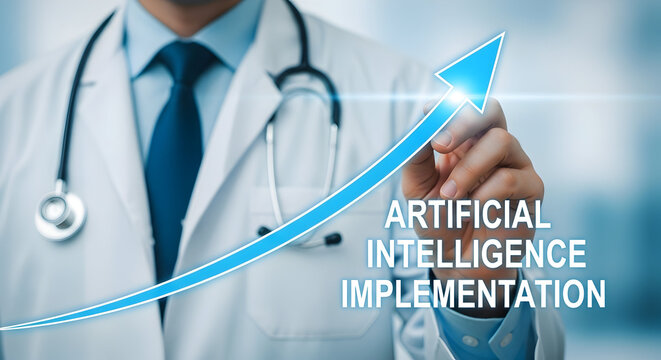Doctor points to artificial intelligence implementation growth with an upward arrow symbolizing advancements in healthcare technology and medical innovation for improved patient outcomes