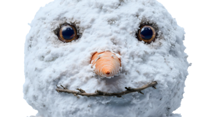 A snowman face with a twig mouth, a happy winter character head with a carrot nose, a frosty Christmas holiday symbol, a cute snow figure close-up portrait.