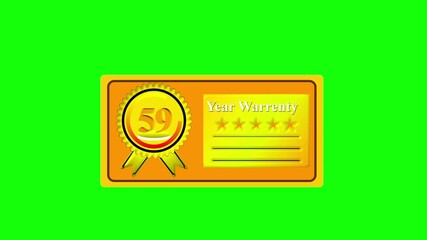 Golden 59 year warranty certificate badge with ribbon and five stars on green screen, premium product guarantee label, metallic gold quality assurance seal for trusted service and reliability