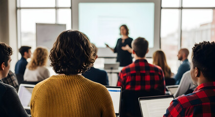 Business presentation in a modern conference room a speaker presents to a diverse audience ideal for corporate training and development