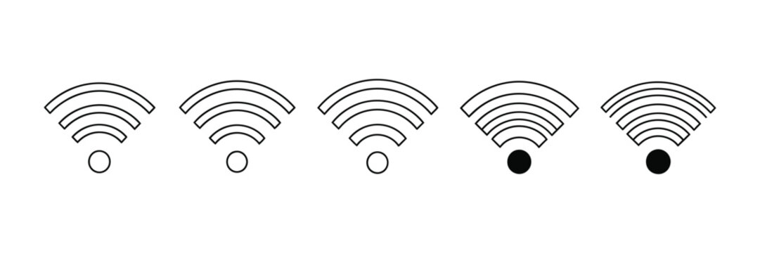 Five wifi signal strength indicators isolated on white background, from weak to strong