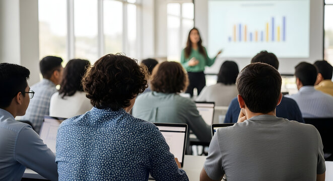 Business presentation with diverse audience a woman presenting data on a screen for corporate training and education